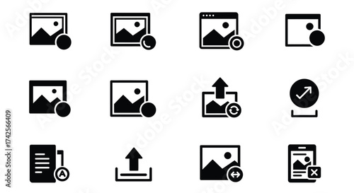 Simple black and white icons depicting image gallery and file management