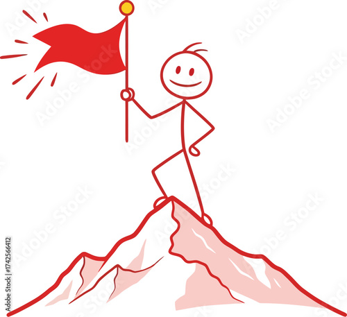 Stick figure on mountain peak holding red flag with a smile face editable vector file