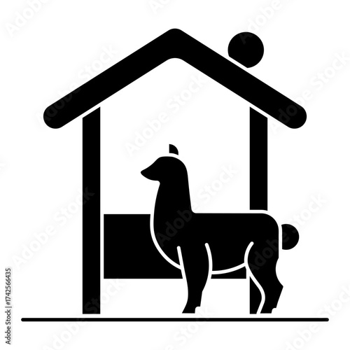 Llama in farm shelter solid icon. Vector illustration