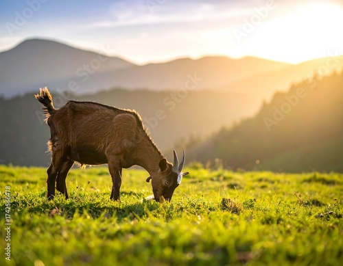 Goat grazes on green hillside with mountains and sunset in the background
