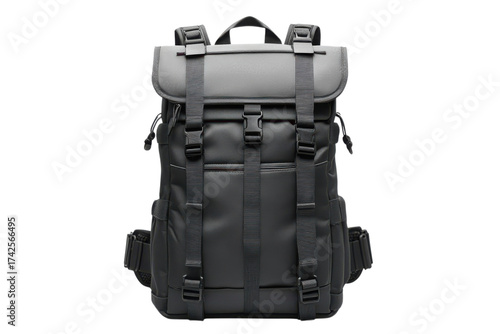 Stylish black backpack with multiple straps and buckles for secure travel and everyday use accessory on transparent background