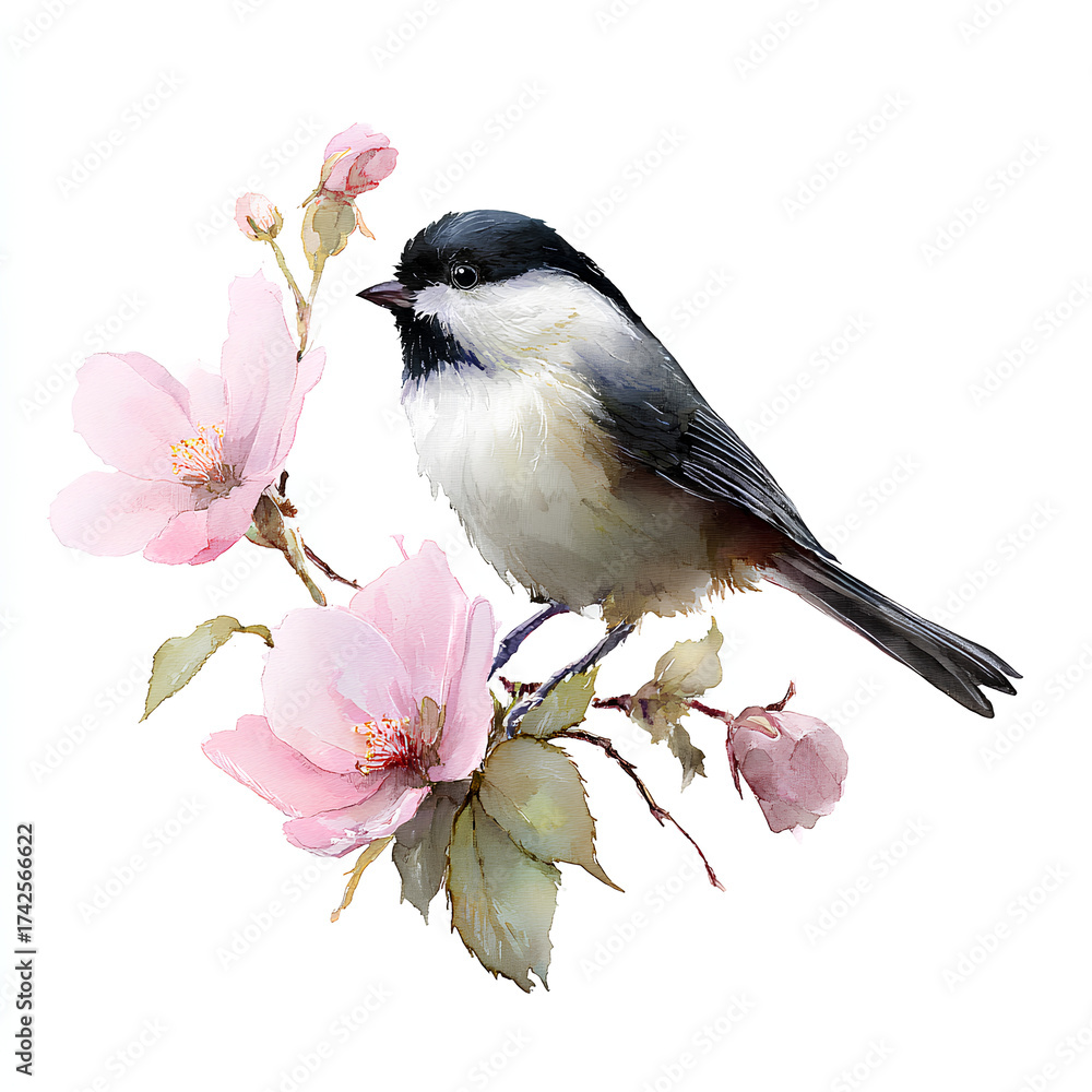 Obraz premium A Cute Willow Tit Bird With Pink Flowers, White Background (Generative Ai)