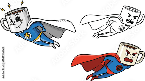 Superhero Coffee Cup Mascot Set with a Red Cape