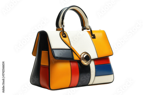 Stylish handbag with a color block design featuring yellow red blue black and white leather accents on transparent background