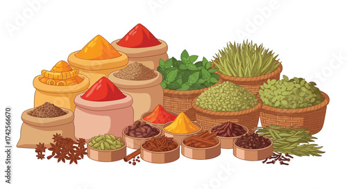 Vibrant collection of assorted spices and herbs in rustic sacks and pots