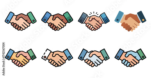 Diverse handshake icons representing business partnership agreement and collaboration concepts