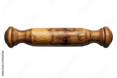 Wooden rolling pin with a smooth finish and decorative handles for baking and cooking preparation use on transparent background