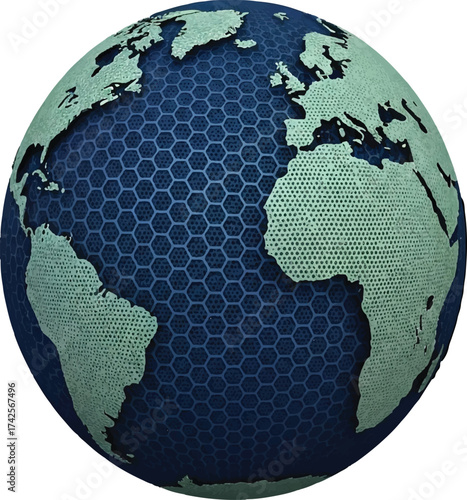 A dark hexagonal sphere with a geometric pattern of interconnected honeycomb cells isolated on a clean white background isolated on white background.