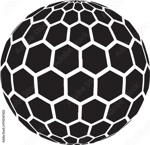 A dark hexagonal sphere with a geometric pattern of interconnected honeycomb cells isolated on a clean white background isolated on white background.