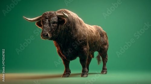 Majestic Bull Portrait: A formidable bull stands proudly against a vibrant green background.