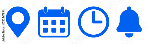 Location, time, calendar and notification bell icons set. Pin, date, clock and bell signs, business schedule signs - vector