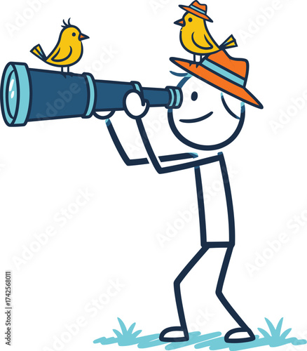 Stick figure looking through telescope with birds on hat and scope editable vector file