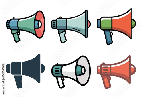 Collection of six cartoon-style megaphones in various colors and designs for announcements and promotions