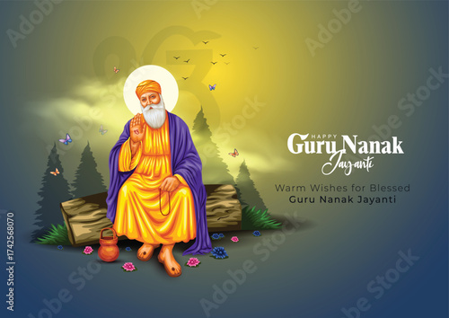 happy Guru Nanak Jayanti festival greeting card design. India Hindu Sikh celebrating birthday of Guru Nanak Dev. abstract vector illustration.