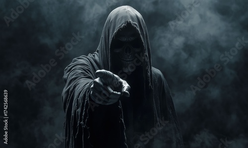 Mysterious Figure with Hood: A chilling, artistic portrayal of a cloaked figure extending a hand, shrouded in shadows and mist, evoking a sense of enigma and foreboding.
