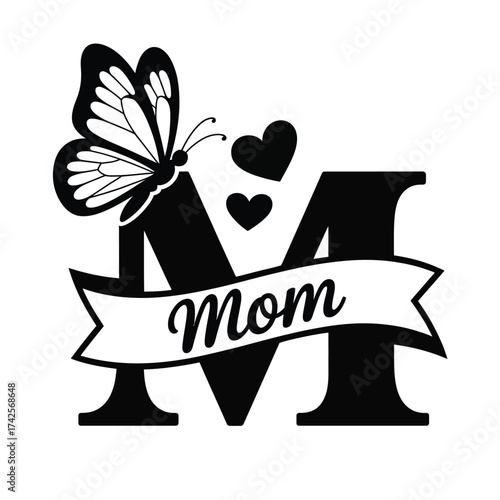 Elegant mom letter m with butterfly and hearts vector illustration for declarative design vector