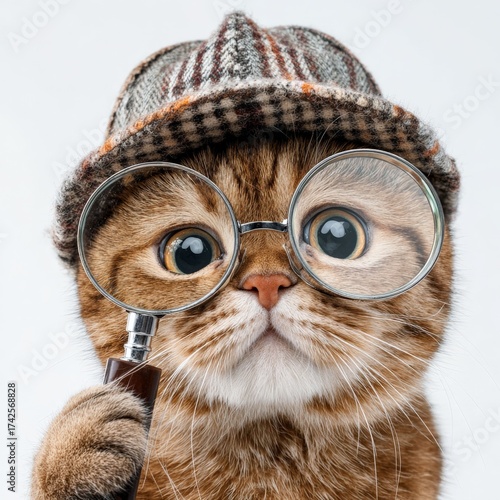 Curious Cat Detective: A whimsical cat, donned in a classic detective hat and spectacles, peers intently through a magnifying glass, embodying curiosity and the thrill of investigation.