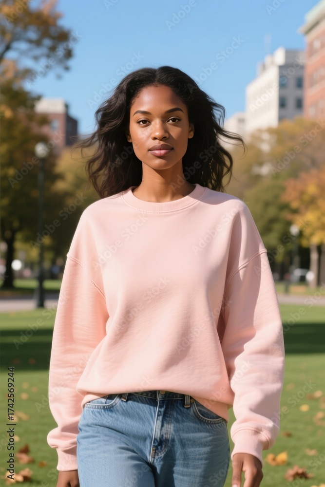 Fototapeta premium Woman in peach color sweatshirt on the nature background