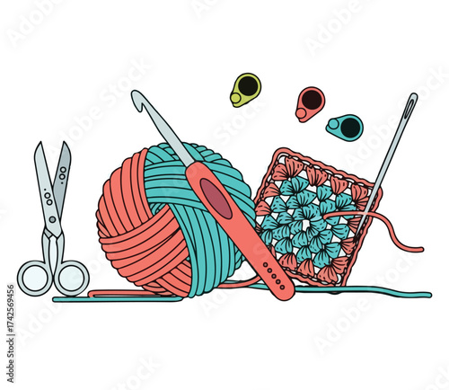 Crochet Tools and Yarn Ball with Colorful Knitted Square – Vector Illustration