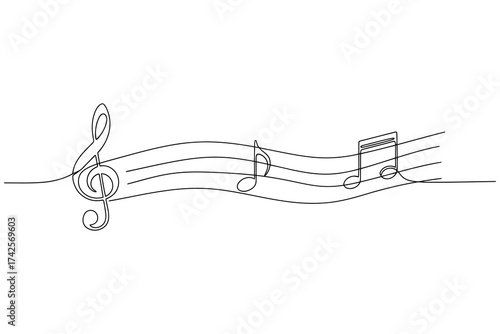 Vector art of continuous line drawing of musical notes on a staff, creating a simple and elegant musical illustration