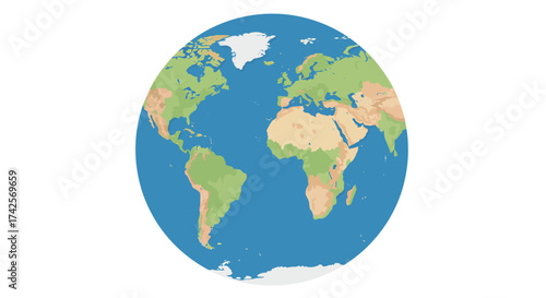 Illustrated World Map Globe Featuring Continents and Oceans.