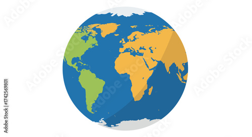 Illustrated Globe Featuring Continents and Oceans in Flat Design.