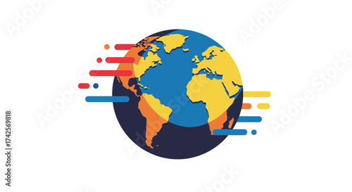Stylized World Globe with Motion Graphics and Flat Design.