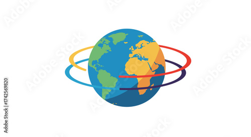 Stylized Globe with Colorful Orbiting Rings Illustration.