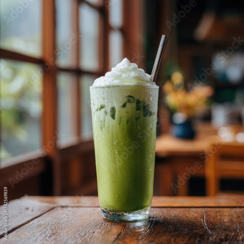 A tall glass of iced matcha latte with creamy foam, condensation on the glass, placed on a wooden table in a Japanese cafe, aesthetic food photography