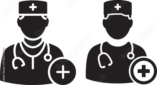 Two doctor icons with plus sign silhouette