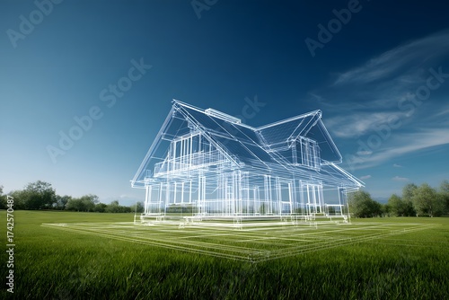 Futuristic transparent house blueprint design emerging from a lush green field under a clear blue sky