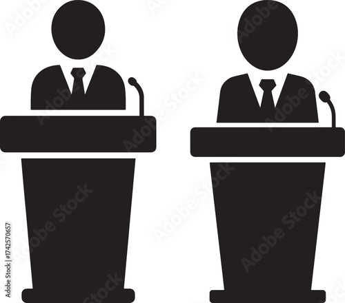 Two politicians debating at podiums silhouette