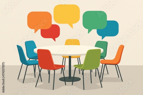 Colorful Chairs Surrounding a Round Table with Speech Bubbles on a Neutral Background