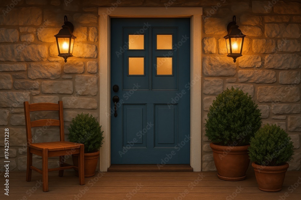 Fototapeta premium Cozy Entrance with Blue Door, Warm Lights, Stone Wall, Potted Plants, Wooden Chair, Evening Ambiance