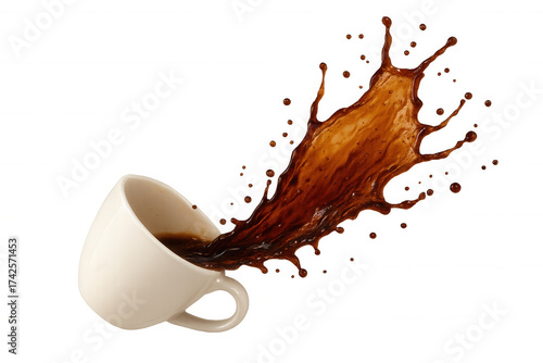 Coffee cup spilling hot liquid, splashing beverage creating dynamic splash droplets, transparent background
