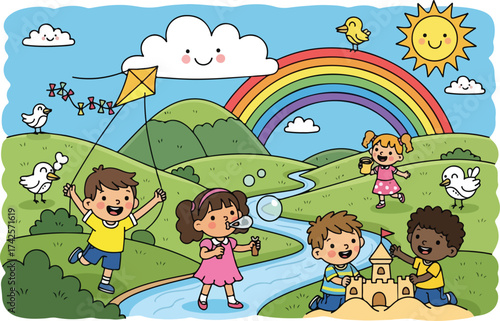 Kids Playing Under the Rainbow