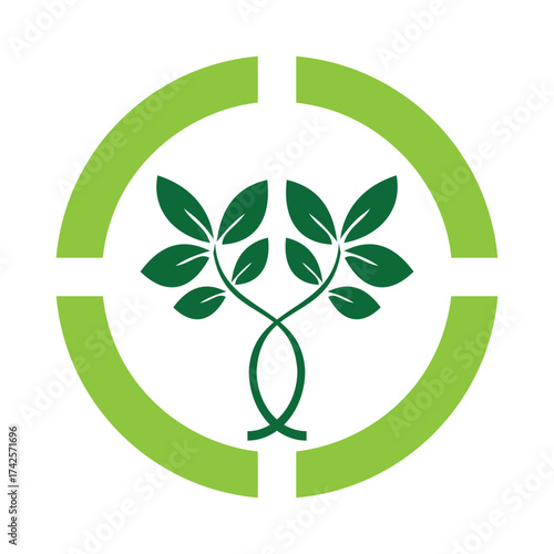 Eco dna plant logo, green biotechnology symbol in circle vector