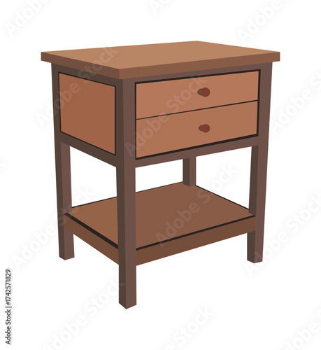 Wooden bedside table with drawers and bottom shelf vector illustration