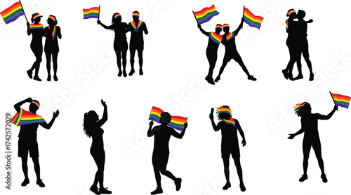 Silhouette illustration of people celebrating pride parade with rainbow flags, LGBTQ community diversity, equality, and love concept in vector design