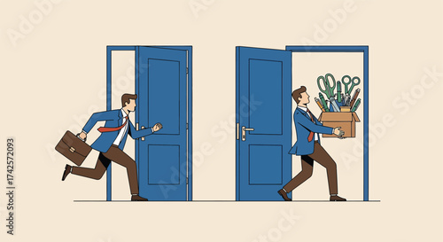 Businessman runs through doorway carrying briefcase another man exits with potted plant