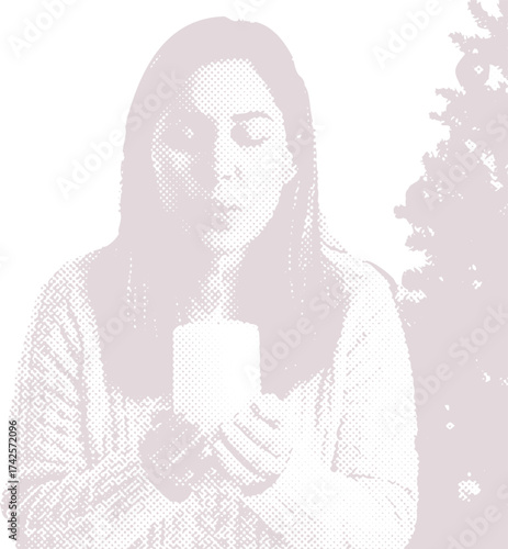 A mother's quiet Christmas prayer and wish. Halftone graphic of a woman blowing out a candle, symbolizing hope, peace, and faith in a spiritual moment.