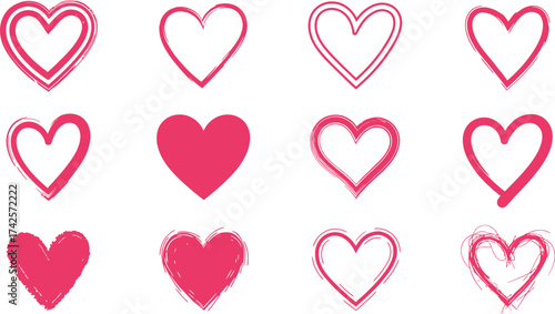 Collection of diverse pink hearts symbolizing love and affection on a clean white background.