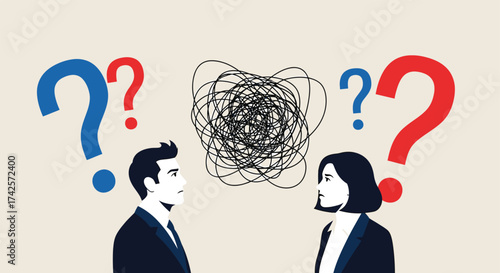 Confused communication between a man and woman with large question marks and tangled thoughts