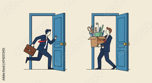 Businessmen exit and enter doors one carrying briefcase other box of items symbolizing change