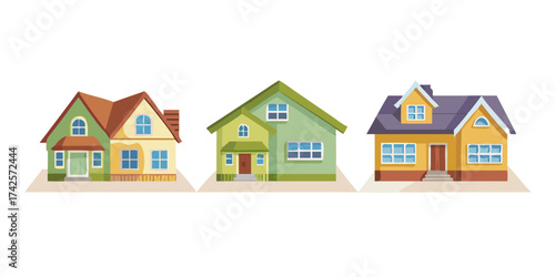 Isolated cartoon houses set. Simple suburban houses. Concept of real estate, property and ownership.vector icon
