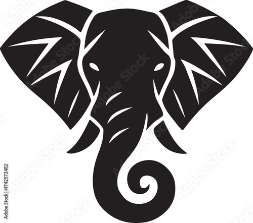 Majestic Elephant Portrait: An elegant elephant head silhouette in striking black color, showcasing detailed features of the trunk and expressive eyes.