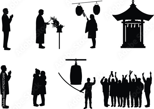 Silhouette illustration of people celebrating traditional festival, praying, hanging lanterns, ringing temple bell, and worshiping in cultural ceremony scene