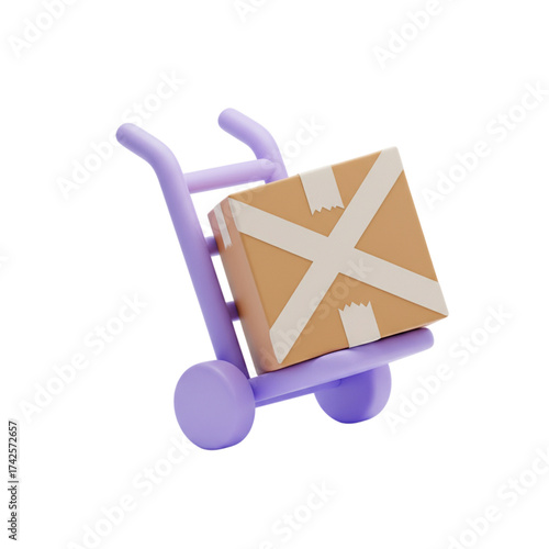 3d render of a cardboard box on a purple hand truck