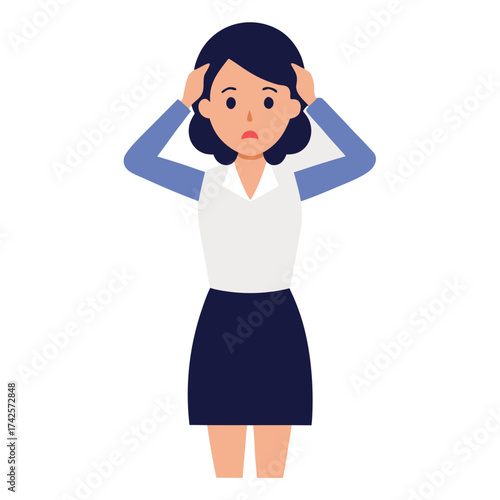 Business woman with worried facial expression clutching her head in despair and frustration vector illustration