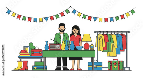 Happy couple sells clothing and goods at outdoor market stall festive decorations
